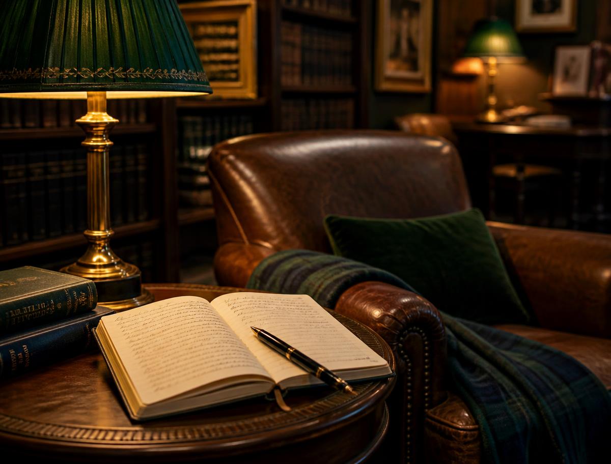 A warm library reading room with an open manuscript, fountain pen and bookshelves