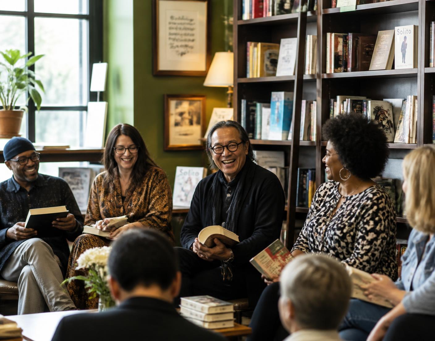 Authors and readers talking together with books in a bookstore reading room