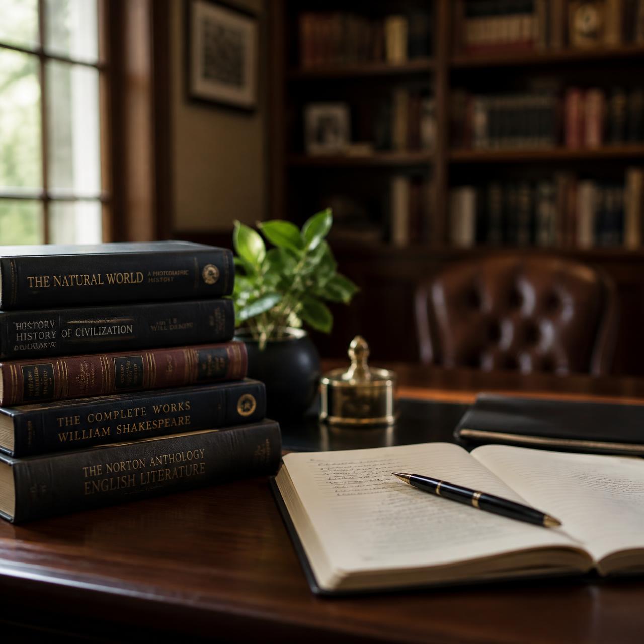 An author's writing desk with hardcover books, a fountain pen and a green plant